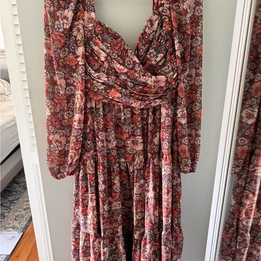 Astr Red and Pink Floral Long Sleeve Dress